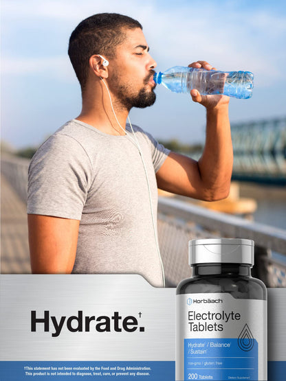 Horbäach Electrolyte Tablets | 200 Count | Helps Hydrate, Balance, & Sustain | with Calcium, Magnesium, Chloride, Sodium and Potassium | Vegetarian, Non-GMO & Gluten Free - Maple Wellness Supplements