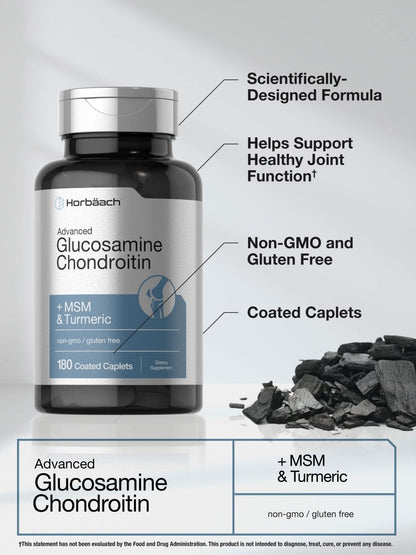 Horbäach Glucosamine Chondroitin | Plus MSM & Turmeric | 180 Coated Caplets | Non-GMO, Gluten Free Supplement - Maple Wellness Supplements