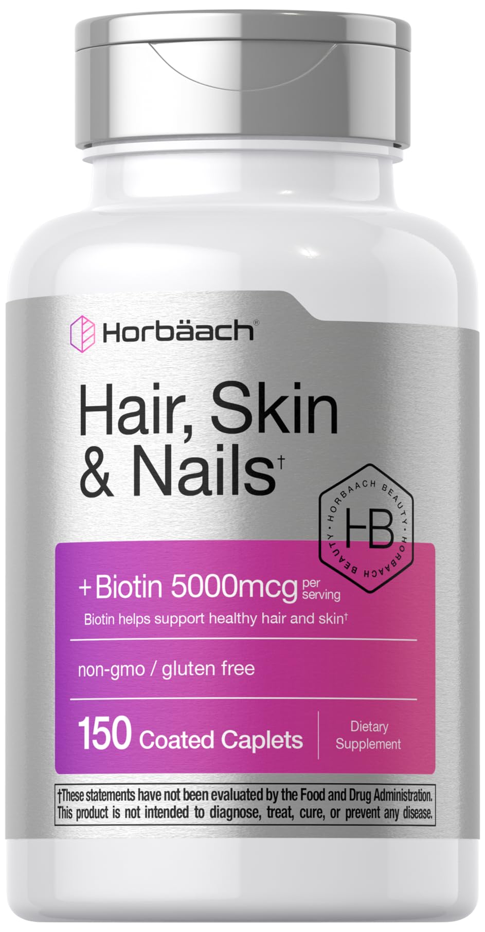 Horbäach Hair Skin and Nails Vitamins | 150 Caplets | with Biotin and Collagen | Supplement for Women and Men | Non-GMO, Gluten Free - Maple Wellness Supplements