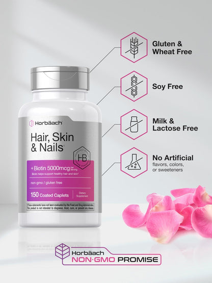 Horbäach Hair Skin and Nails Vitamins | 150 Caplets | with Biotin and Collagen | Supplement for Women and Men | Non-GMO, Gluten Free - Maple Wellness Supplements