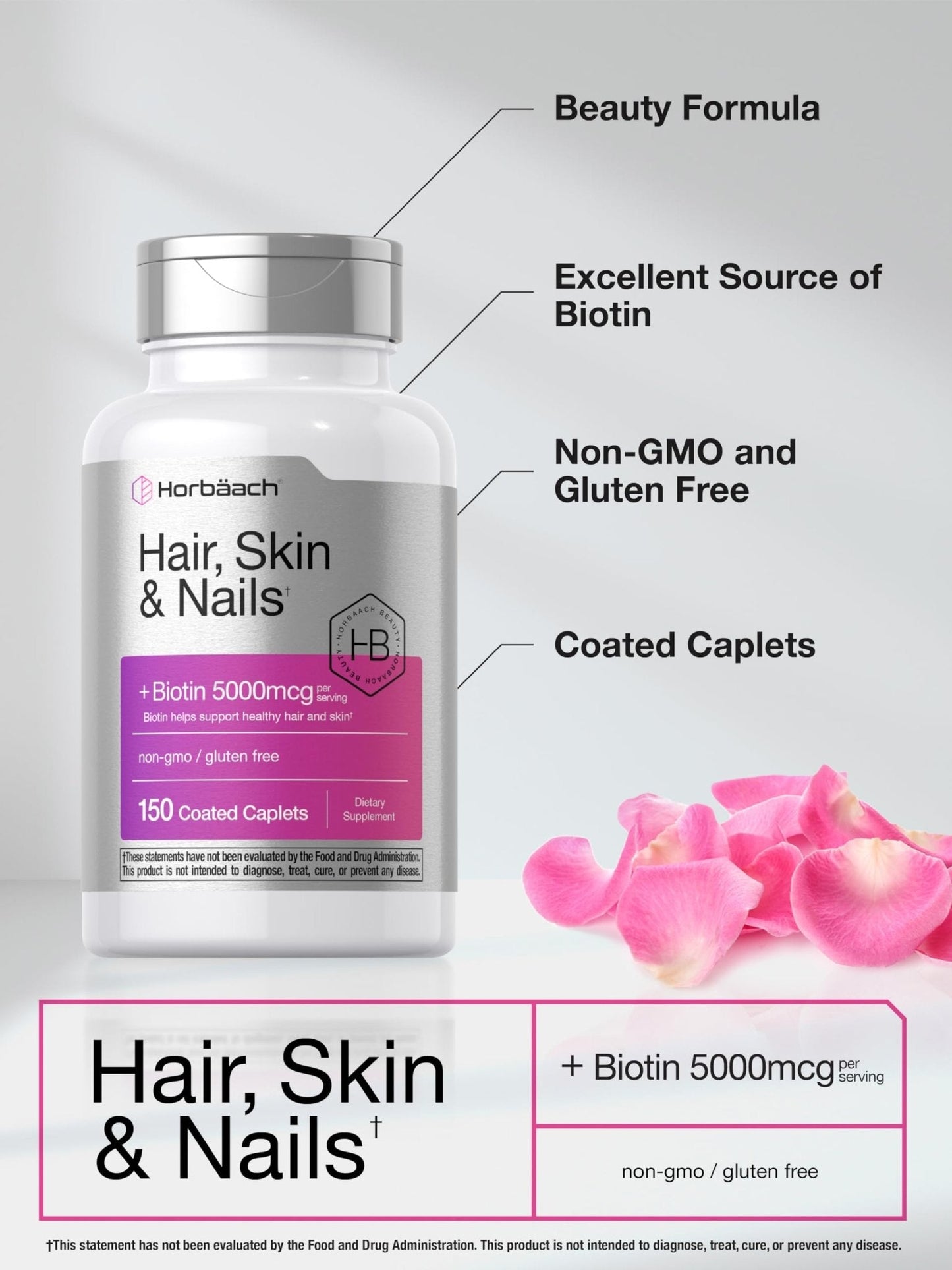 Horbäach Hair Skin and Nails Vitamins | 150 Caplets | with Biotin and Collagen | Supplement for Women and Men | Non-GMO, Gluten Free - Maple Wellness Supplements