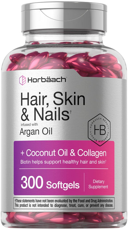 Horbäach Hair Skin and Nails Vitamins | 300 Softgels | with Biotin and Collagen | Infused with Argan Oil and Coconut Oil - Maple Wellness Supplements
