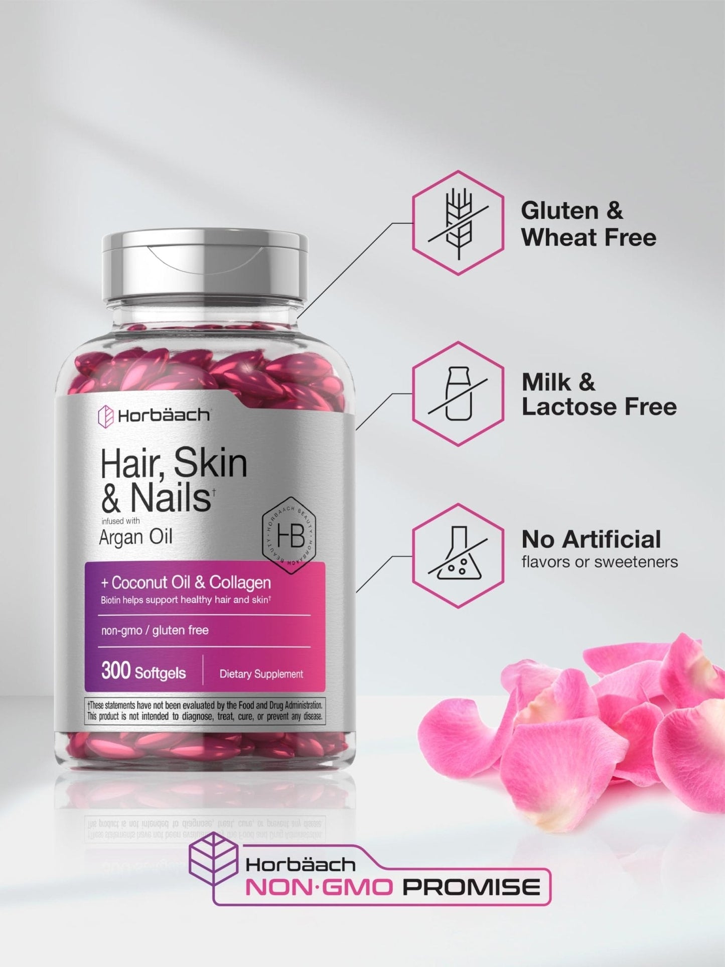 Horbäach Hair Skin and Nails Vitamins | 300 Softgels | with Biotin and Collagen | Infused with Argan Oil and Coconut Oil - Maple Wellness Supplements