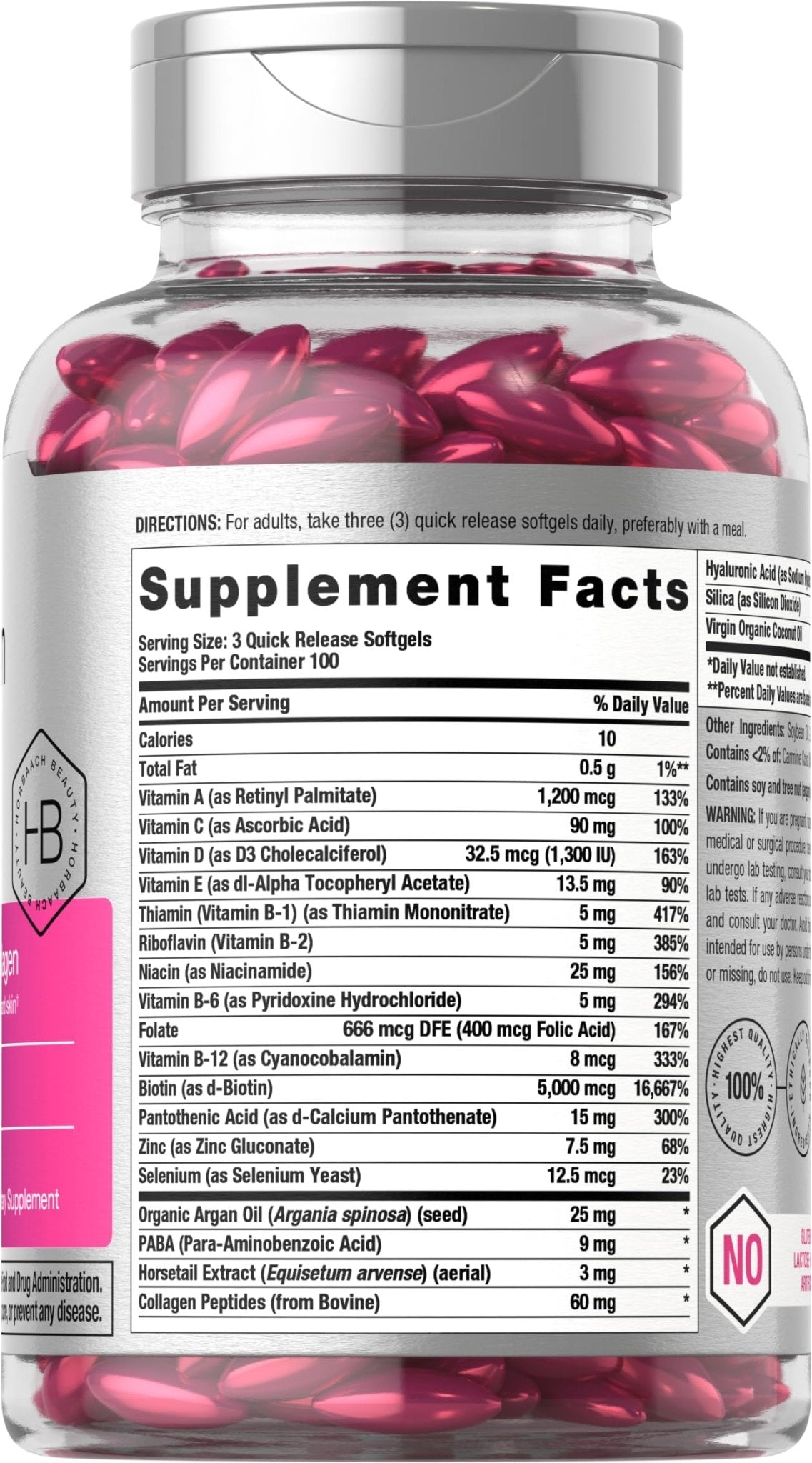Horbäach Hair Skin and Nails Vitamins | 300 Softgels | with Biotin and Collagen | Infused with Argan Oil and Coconut Oil - Maple Wellness Supplements