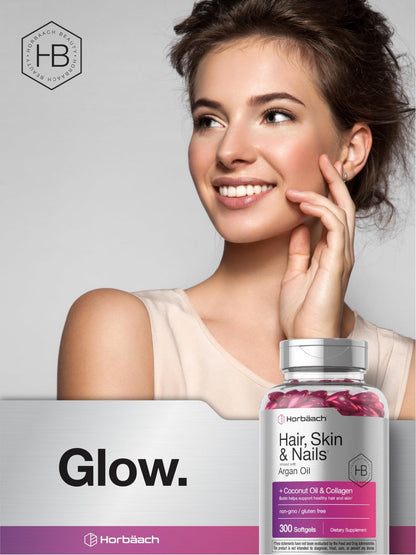 Horbäach Hair Skin and Nails Vitamins | 300 Softgels | with Biotin and Collagen | Infused with Argan Oil and Coconut Oil - Maple Wellness Supplements