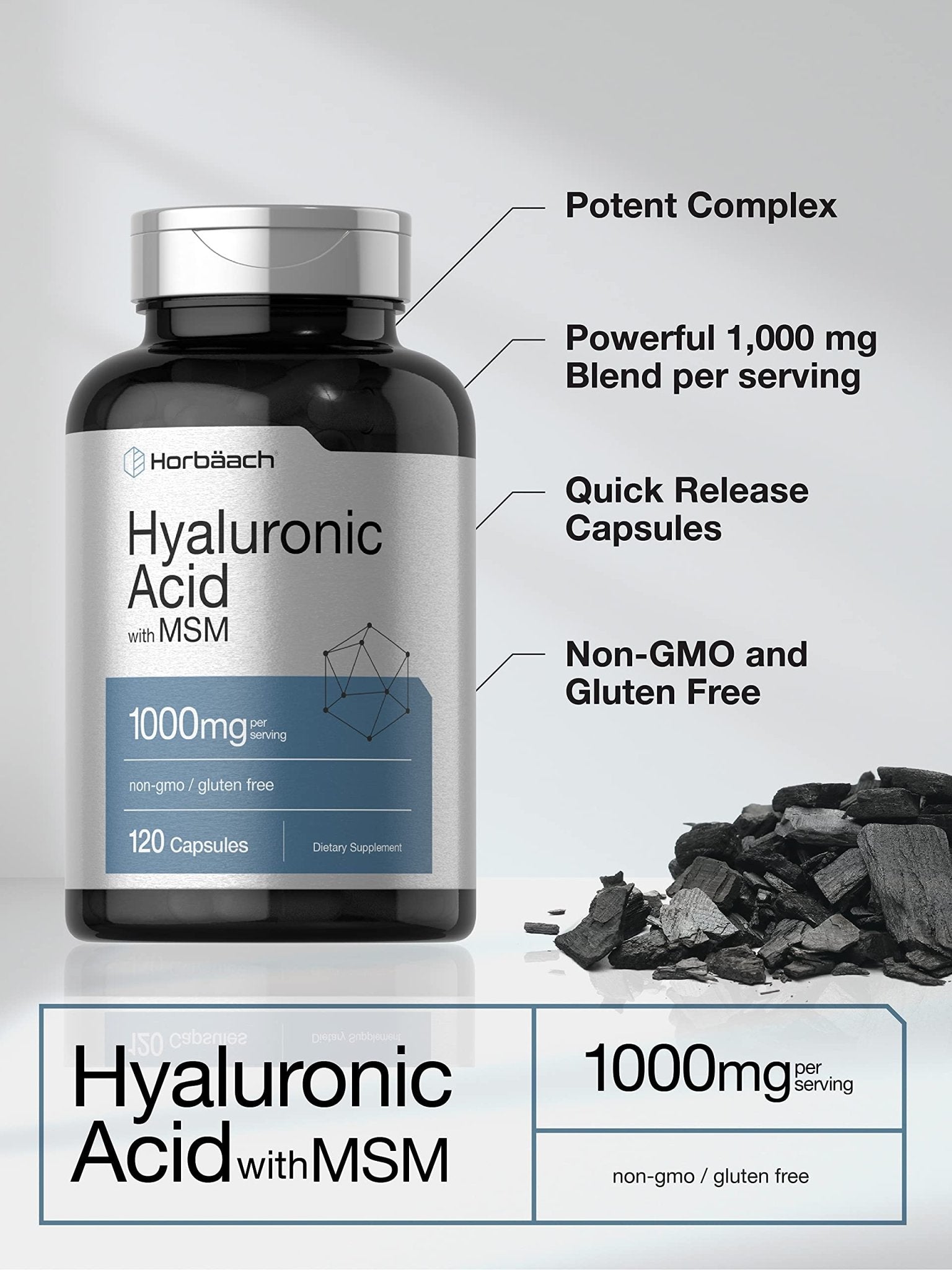 Horbäach Hyaluronic Acid with MSM | 1000 mg | 120 Capsules | Non-GMO and Gluten Free Supplement | Bioavailable Formula - Maple Wellness Supplements