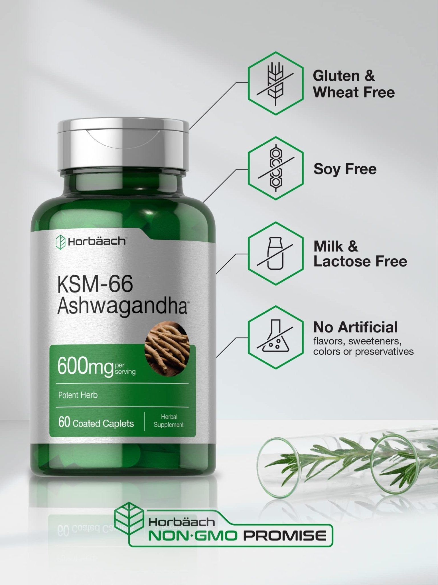 Horbäach KSM-66 Ashwagandha 600mg | with L-Theanine | 60 Coated Caplets | Vegan, Non-GMO, Gluten Free Complex Supplement - Maple Wellness Supplements