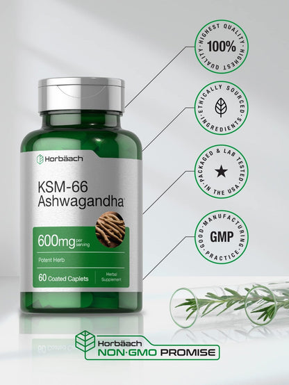 Horbäach KSM-66 Ashwagandha 600mg | with L-Theanine | 60 Coated Caplets | Vegan, Non-GMO, Gluten Free Complex Supplement - Maple Wellness Supplements