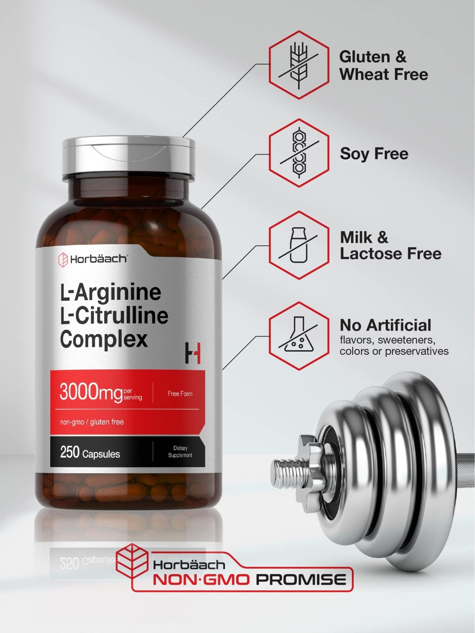 Horbäach L-Arginine L-Citrulline Complex | 3000mg | 250 Capsules | Non-GMO, Gluten Free Supplement - Maple Wellness Supplements