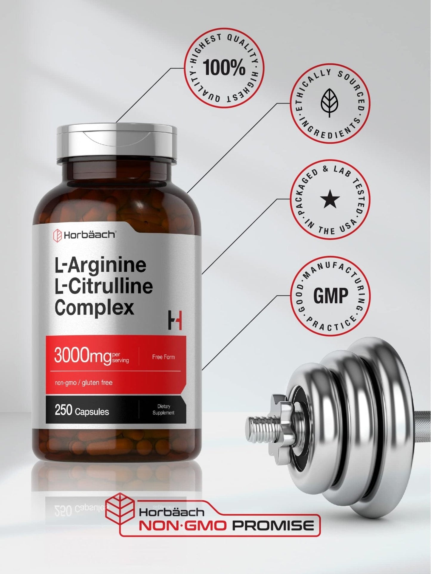 Horbäach L-Arginine L-Citrulline Complex | 3000mg | 250 Capsules | Non-GMO, Gluten Free Supplement - Maple Wellness Supplements