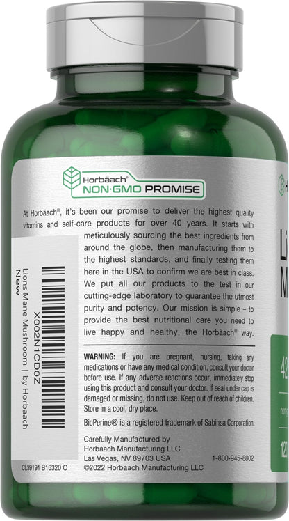 Horbäach Lions Mane Mushroom Extract | 4200mg | 120 Capsules | Vegetarian - Maple Wellness Supplements