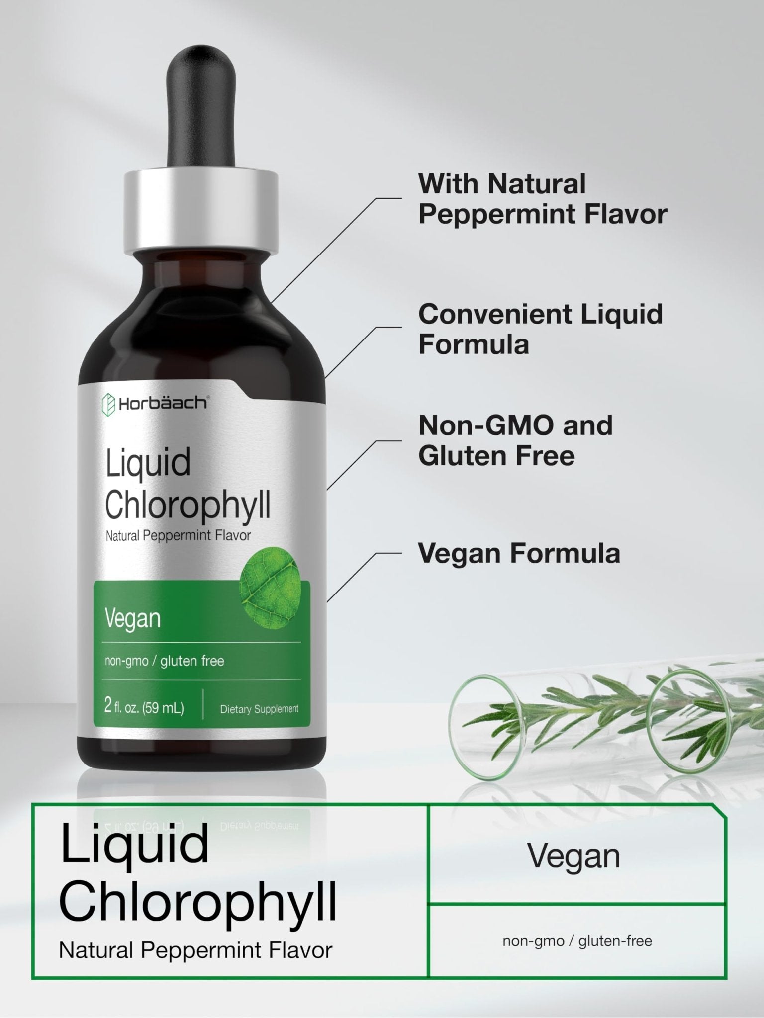 Horbäach Liquid Chlorophyll Drops | 2 oz | Vegan, Non-GMO, and Gluten Free Formula | Natural Peppermint Flavor - Maple Wellness Supplements