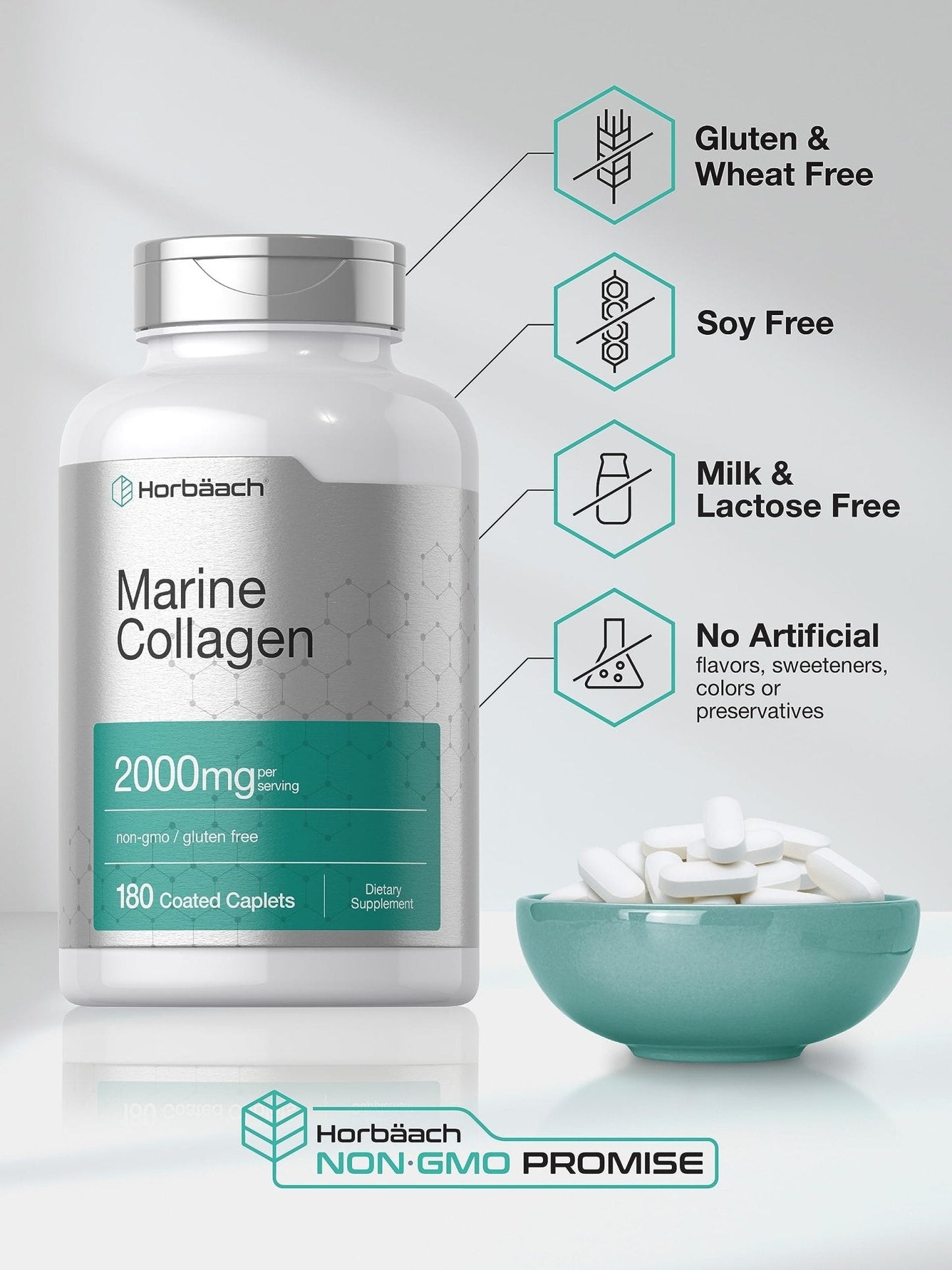 Horbäach Marine Collagen Peptides 2000mg | 180 Caplet Capsules | Type 1 with Calcium | Non-GMO, Gluten Free Supplement - Maple Wellness Supplements