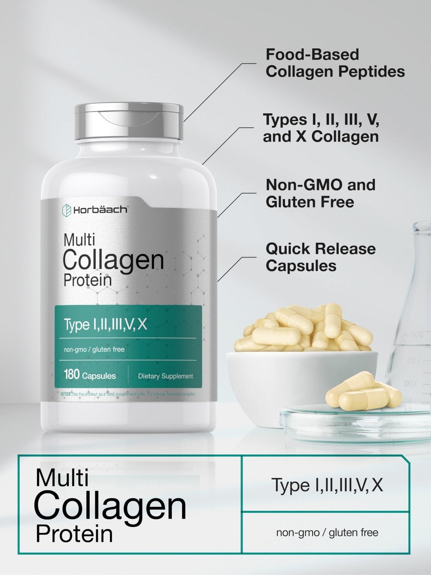 Horbäach Multi Collagen Protein 2000 mg | 180 Capsules | Hydrolyzed Collagen Type I, II, III, V, X | Keto & Paleo Friendly, Non-GMO, Gluten Free Supplement - Maple Wellness Supplements