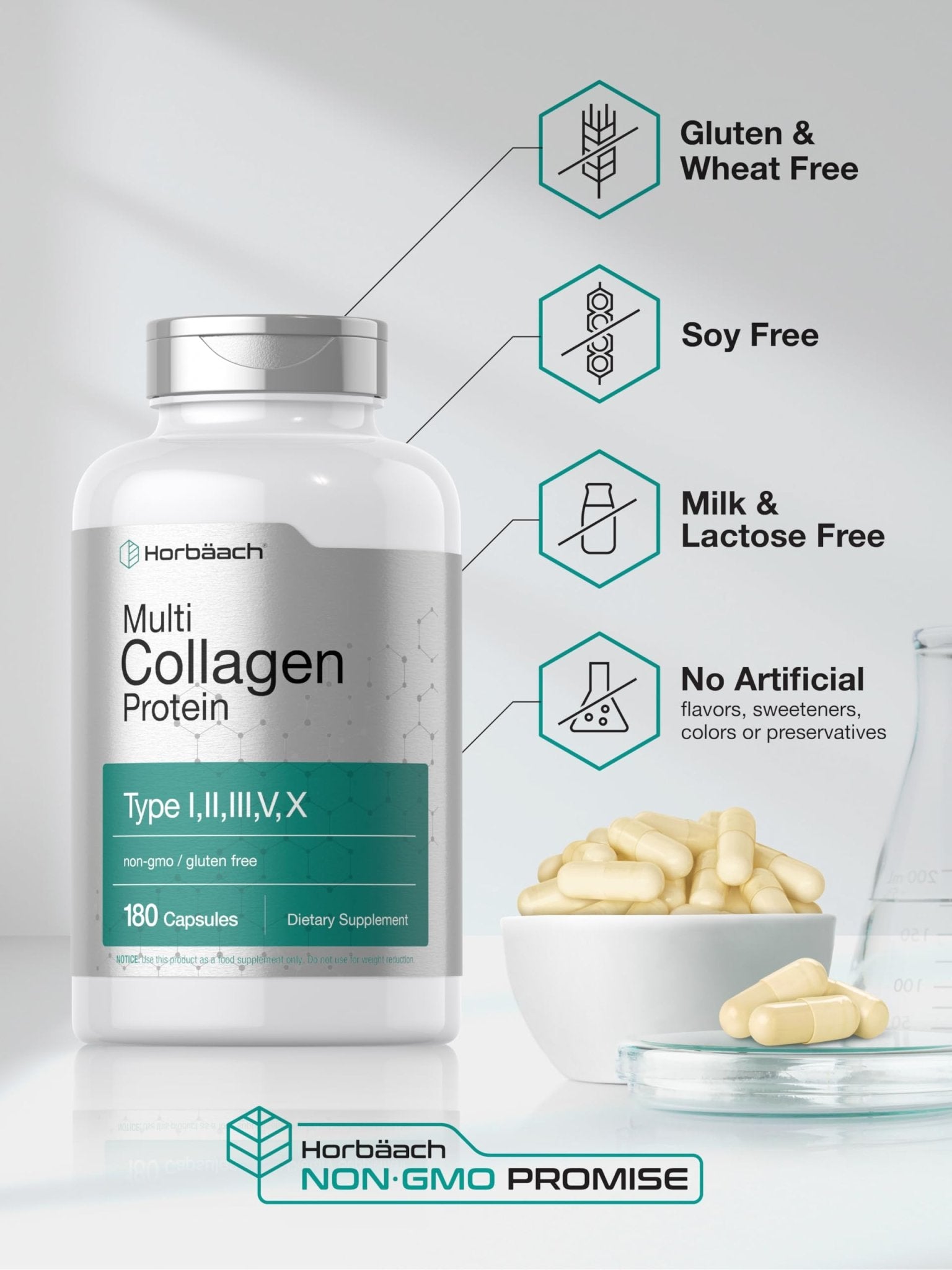 Horbäach Multi Collagen Protein 2000 mg | 180 Capsules | Hydrolyzed Collagen Type I, II, III, V, X | Keto & Paleo Friendly, Non-GMO, Gluten Free Supplement - Maple Wellness Supplements