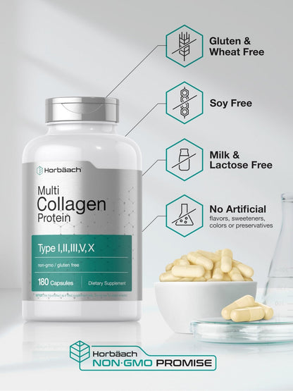 Horbäach Multi Collagen Protein 2000 mg | 180 Capsules | Hydrolyzed Collagen Type I, II, III, V, X | Keto & Paleo Friendly, Non-GMO, Gluten Free Supplement - Maple Wellness Supplements