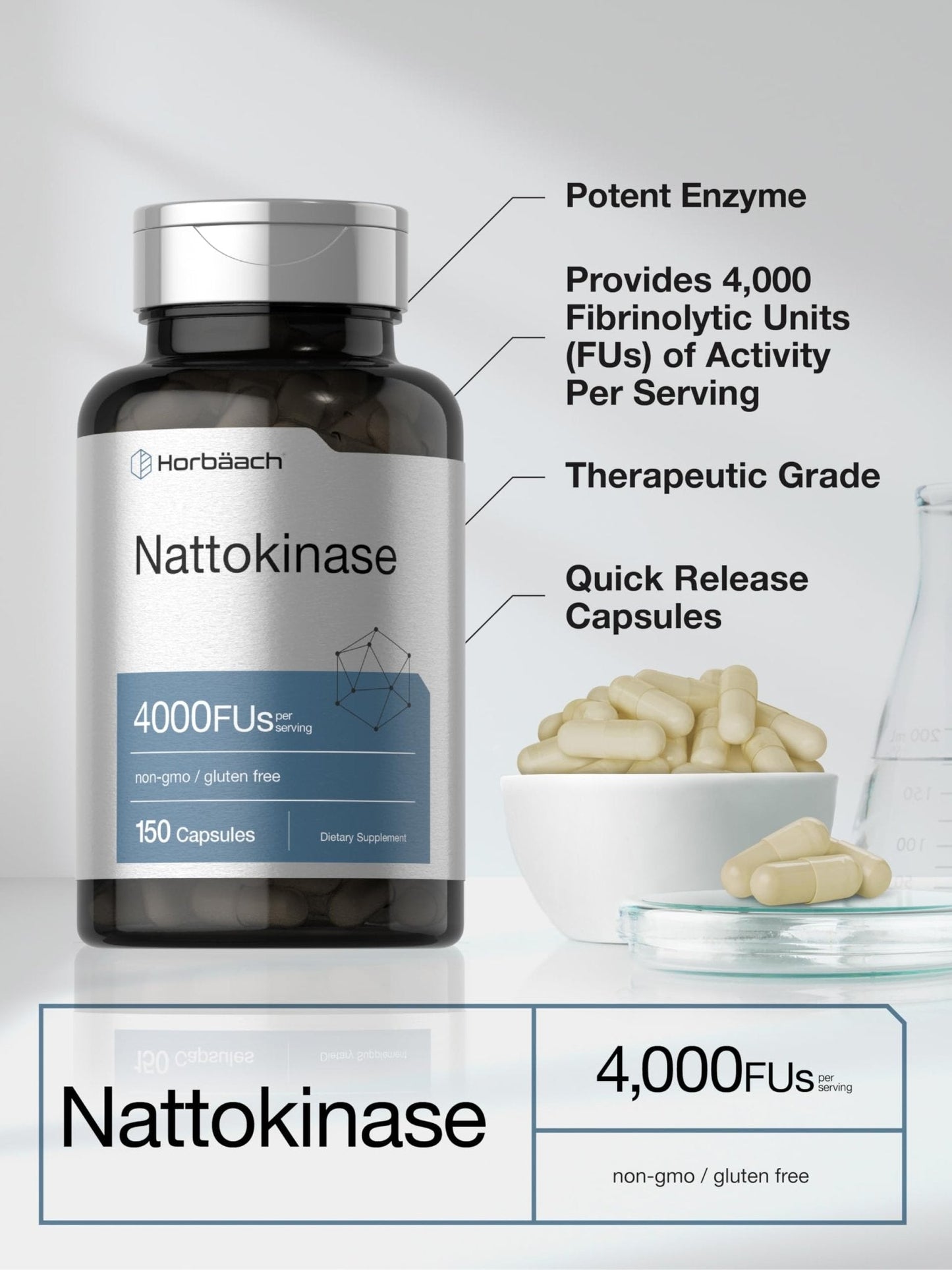 Horbäach Nattokinase Supplement 4000 FU | 150 Capsules | Non-GMO, Gluten Free - Maple Wellness Supplements