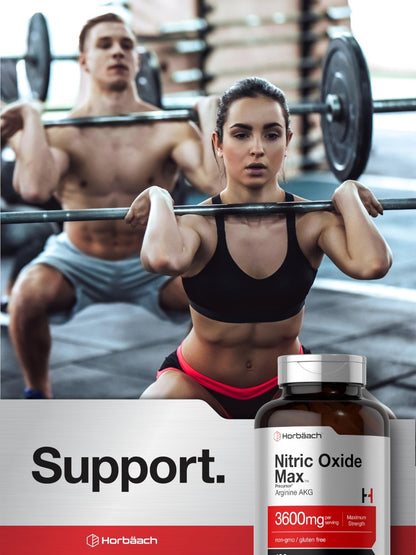Horbäach Nitric Oxide Max 3600mg | 120 Caplets | with Arginine AAKG for Men and Women | Vegetarian, Non-GMO - Maple Wellness Supplements