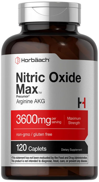 Horbäach Nitric Oxide Max 3600mg | 120 Caplets | with Arginine AAKG for Men and Women | Vegetarian, Non-GMO - Maple Wellness Supplements