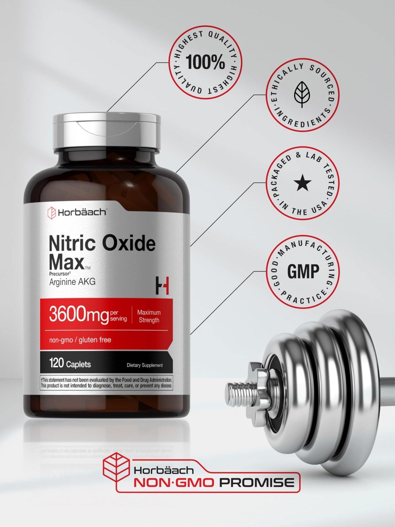 Horbäach Nitric Oxide Max 3600mg | 120 Caplets | with Arginine AAKG for Men and Women | Vegetarian, Non-GMO - Maple Wellness Supplements