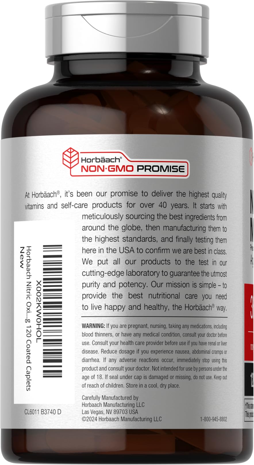 Horbäach Nitric Oxide Max 3600mg | 120 Caplets | with Arginine AAKG for Men and Women | Vegetarian, Non-GMO - Maple Wellness Supplements