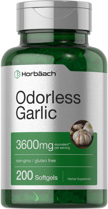 Horbäach Odorless Garlic Softgel Supplement | 200 Count | Ultra Potent Concentrated Herbal Extract | Non-GMO & Gluten Free - Maple Wellness Supplements