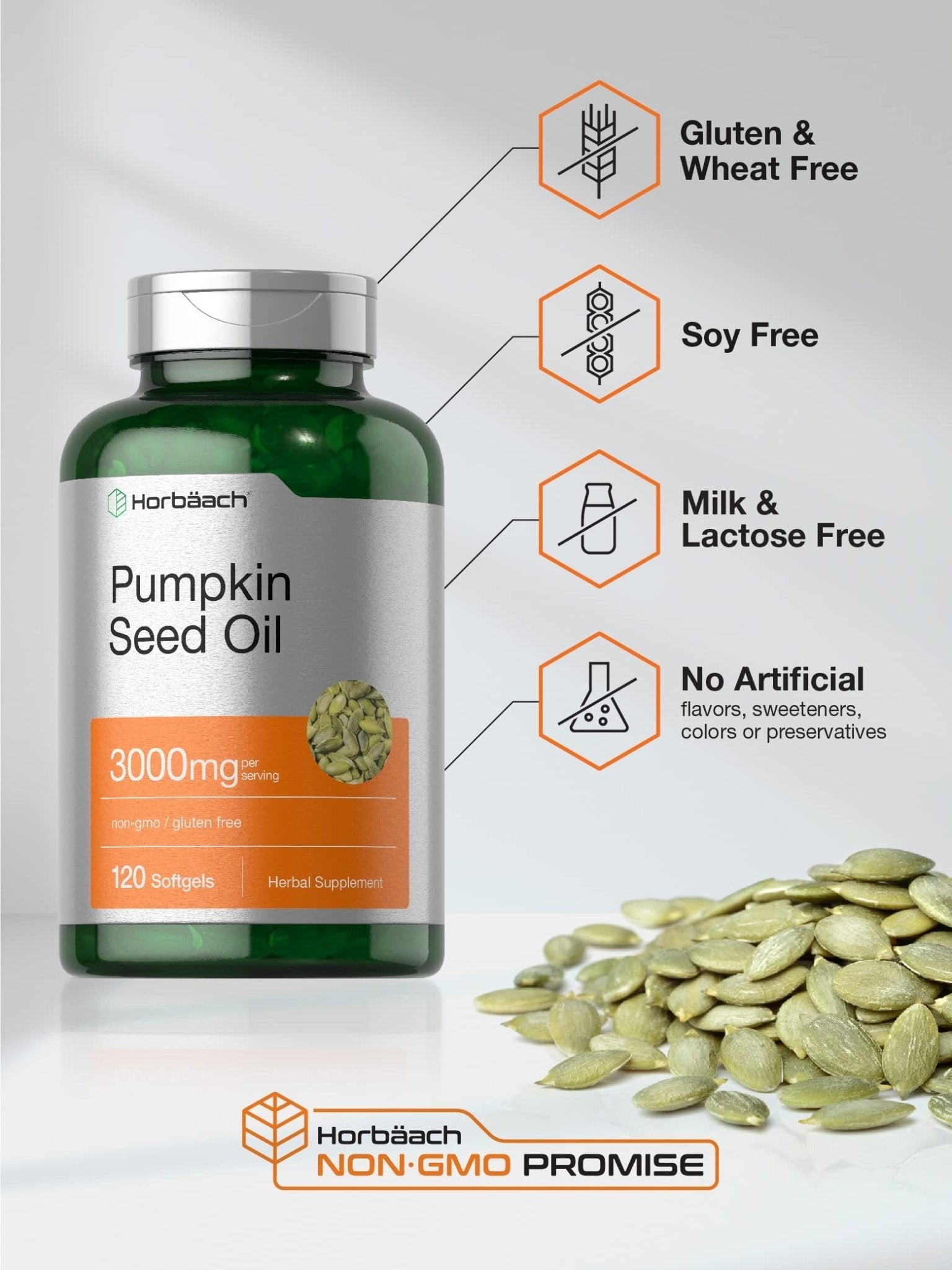 Horbäach Pumpkin Seed Oil | 3000mg | 120 Softgel Capsules | Cold Pressed Dietary Supplement | Non-GMO and Gluten Free Formula - Maple Wellness Supplements