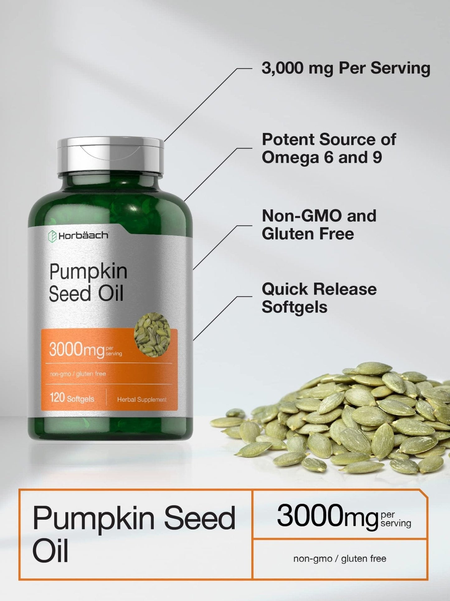 Horbäach Pumpkin Seed Oil | 3000mg | 120 Softgel Capsules | Cold Pressed Dietary Supplement | Non-GMO and Gluten Free Formula - Maple Wellness Supplements