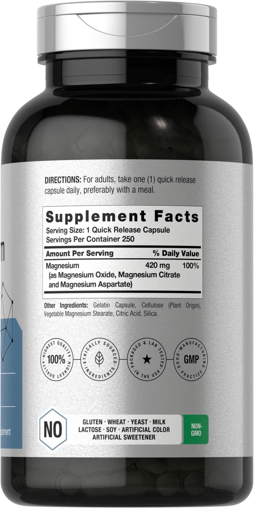 Horbäach Triple Magnesium Complex | 420 mg | 250 Capsules | Non-GMO and Gluten Free Formula | Magnesium Oxide, Citrate, and Aspartate Dietary Supplement - Maple Wellness Supplements