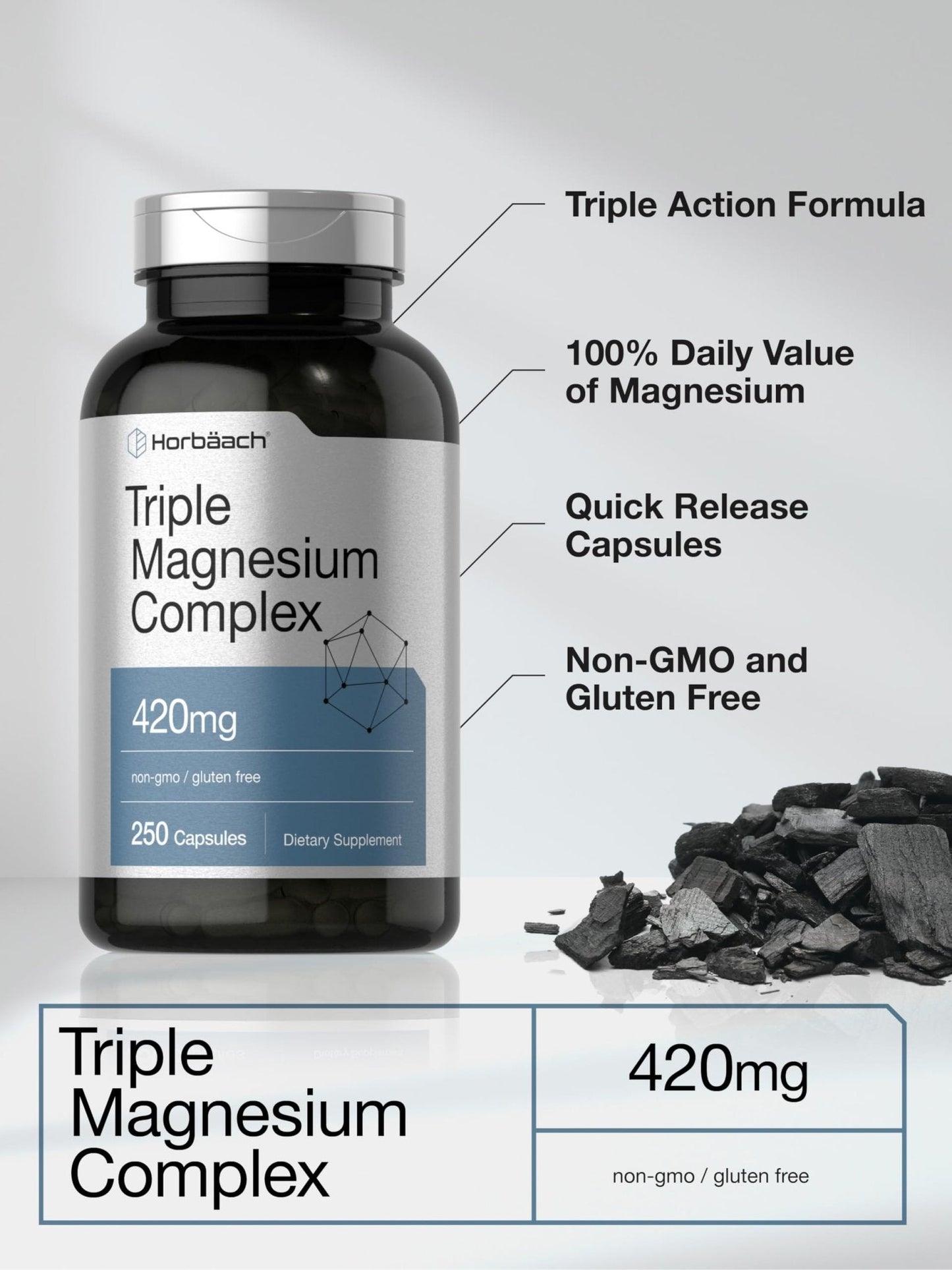 Horbäach Triple Magnesium Complex | 420 mg | 250 Capsules | Non-GMO and Gluten Free Formula | Magnesium Oxide, Citrate, and Aspartate Dietary Supplement - Maple Wellness Supplements