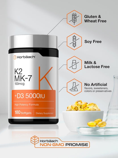 Horbäach Vitamin D3 K2 5000 iu | 100mcg MK-7 Complex | 180 Softgel Capsules | Non-GMO & Gluten Free Supplement - Maple Wellness Supplements