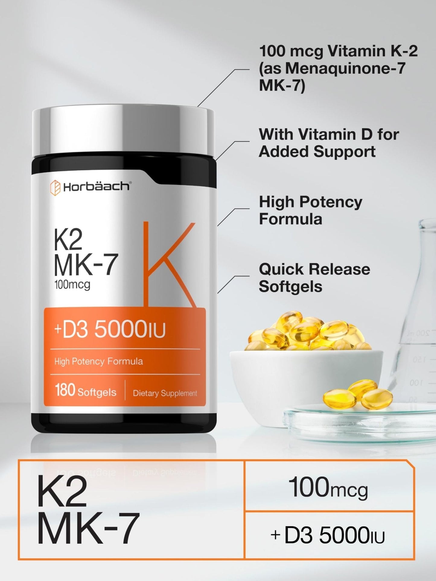 Horbäach Vitamin D3 K2 5000 iu | 100mcg MK-7 Complex | 180 Softgel Capsules | Non-GMO & Gluten Free Supplement - Maple Wellness Supplements