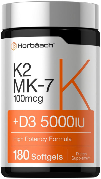 Horbäach Vitamin D3 K2 5000 iu | 100mcg MK-7 Complex | 180 Softgel Capsules | Non-GMO & Gluten Free Supplement - Maple Wellness Supplements
