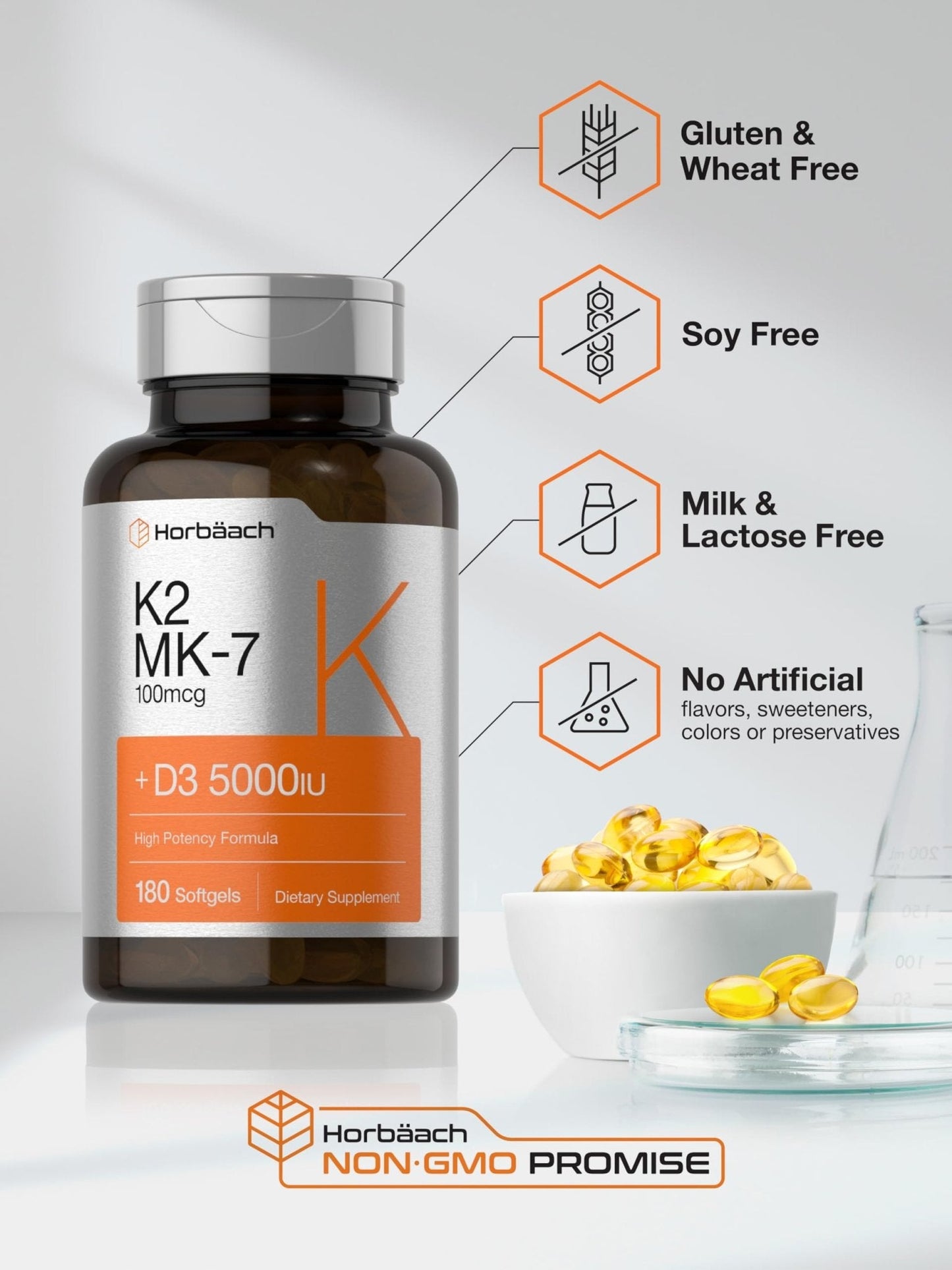 Horbäach Vitamin D3 K2 | 5000iu of Vitamin D & 100mcg MK-7 Complex | 180 Softgel Cap - Maple Wellness Supplements