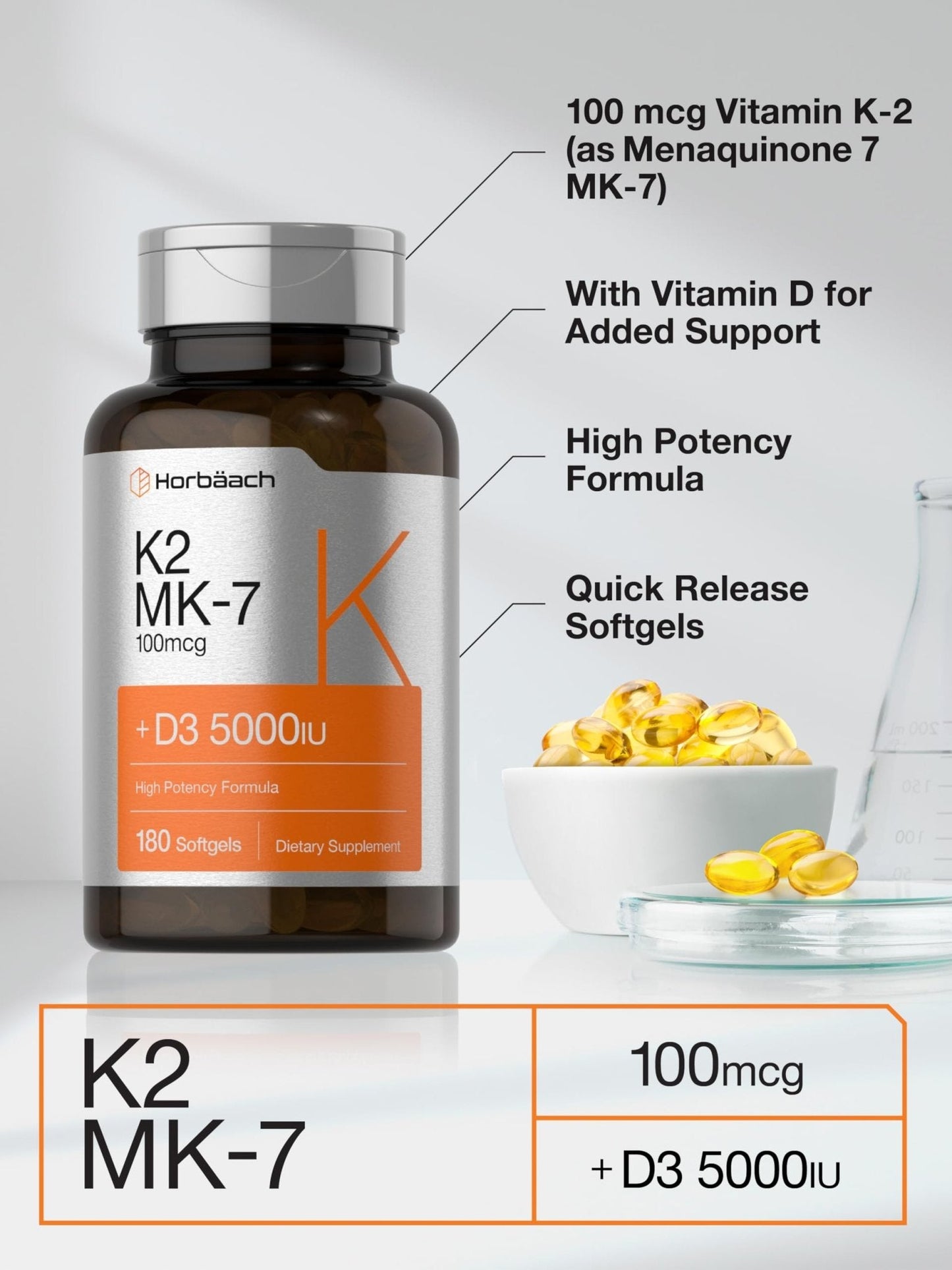 Horbäach Vitamin D3 K2 | 5000iu of Vitamin D & 100mcg MK-7 Complex | 180 Softgel Cap - Maple Wellness Supplements