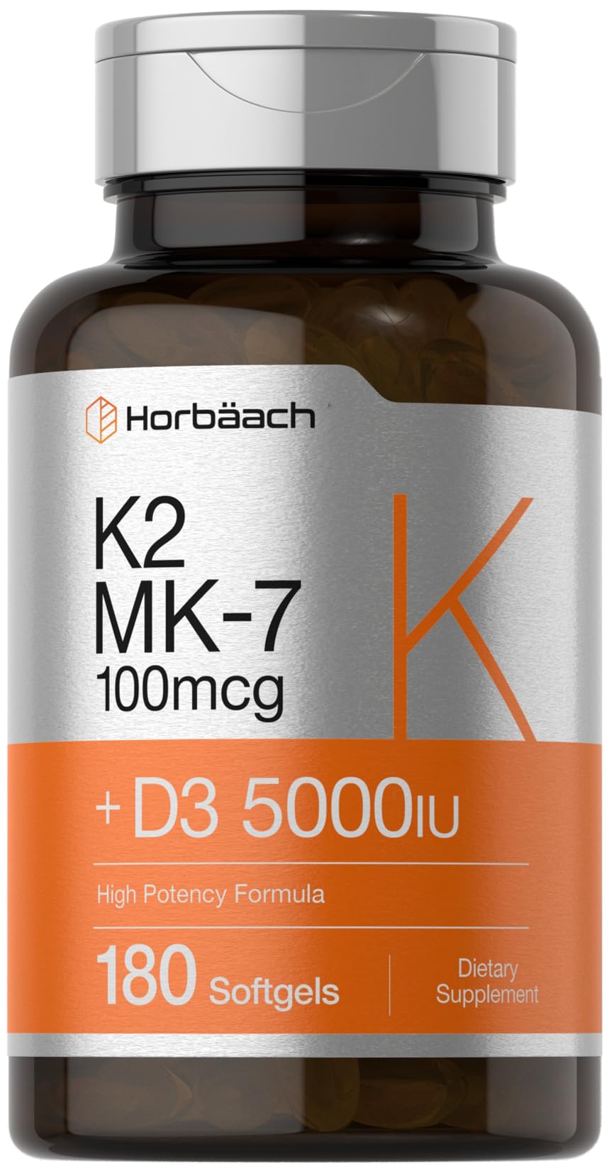 Horbäach Vitamin D3 K2 | 5000iu of Vitamin D & 100mcg MK-7 Complex | 180 Softgel Cap - Maple Wellness Supplements