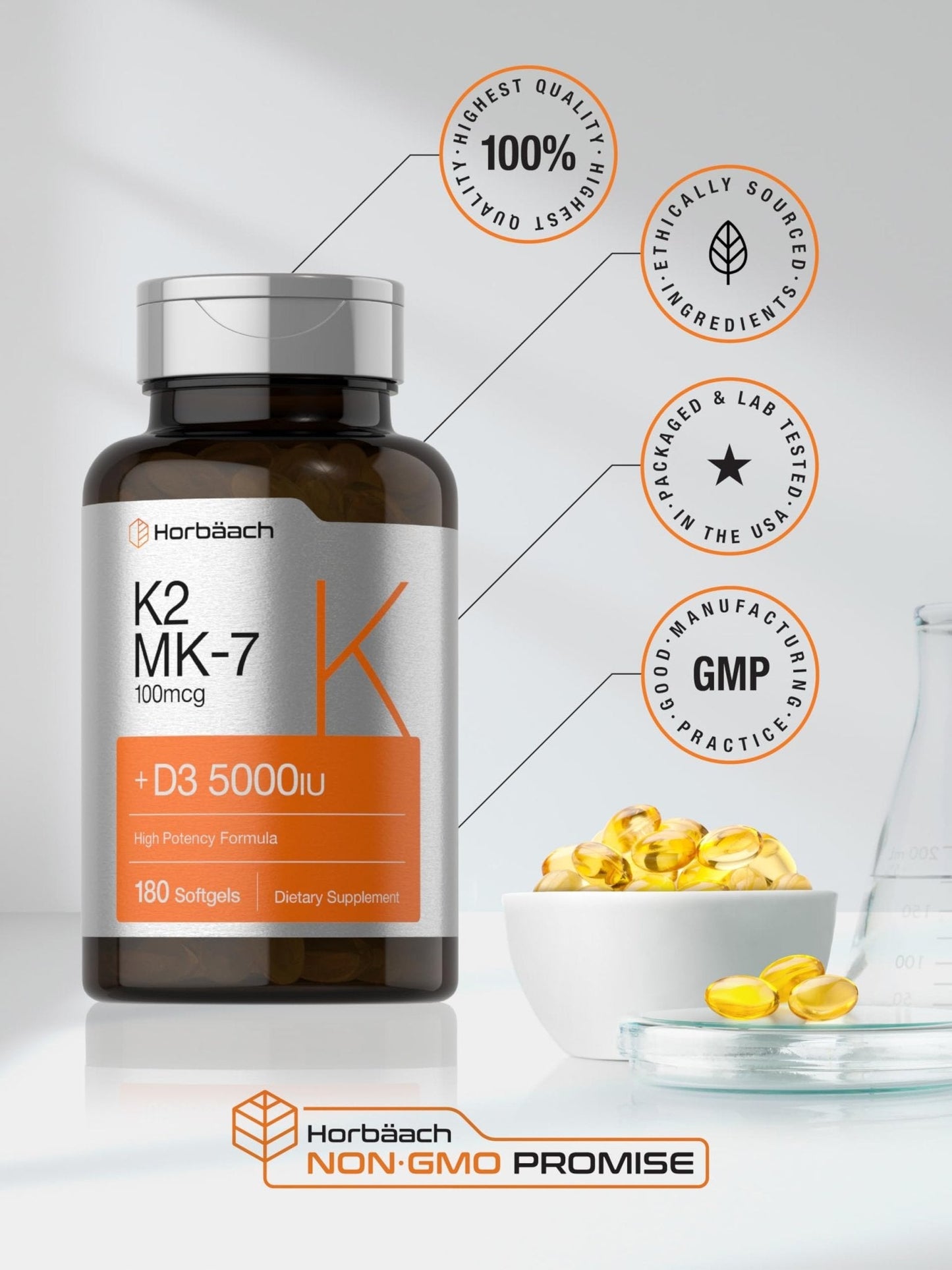 Horbäach Vitamin D3 K2 | 5000iu of Vitamin D & 100mcg MK-7 Complex | 180 Softgel Cap - Maple Wellness Supplements