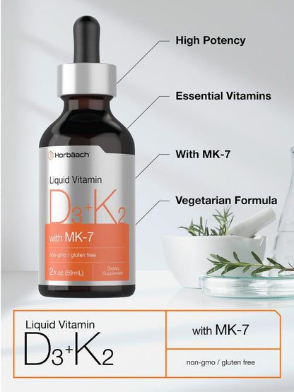 Horbäach Vitamin D3 + K2 Liquid Drops | with MK7 | 2 Fl Oz | Vegetarian | Non-GMO - Maple Wellness Supplements