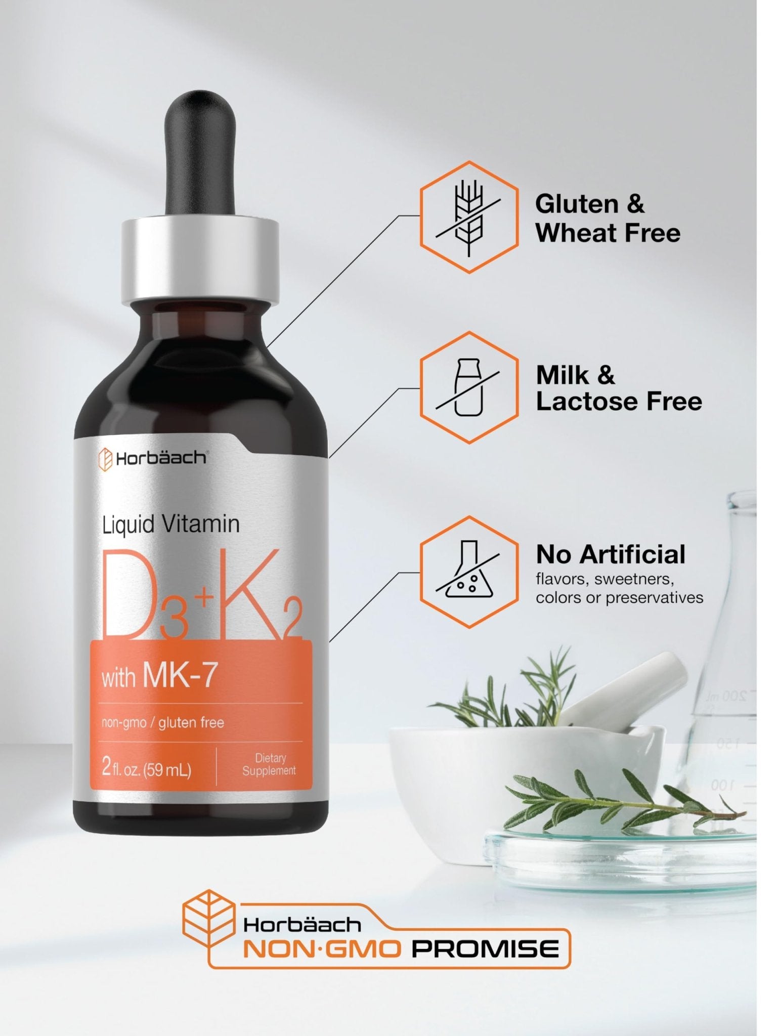Horbäach Vitamin D3 + K2 Liquid Drops | with MK7 | 2 Fl Oz | Vegetarian | Non-GMO - Maple Wellness Supplements