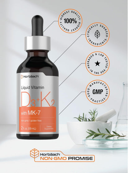 Horbäach Vitamin D3 + K2 Liquid Drops | with MK7 | 2 Fl Oz | Vegetarian | Non-GMO - Maple Wellness Supplements