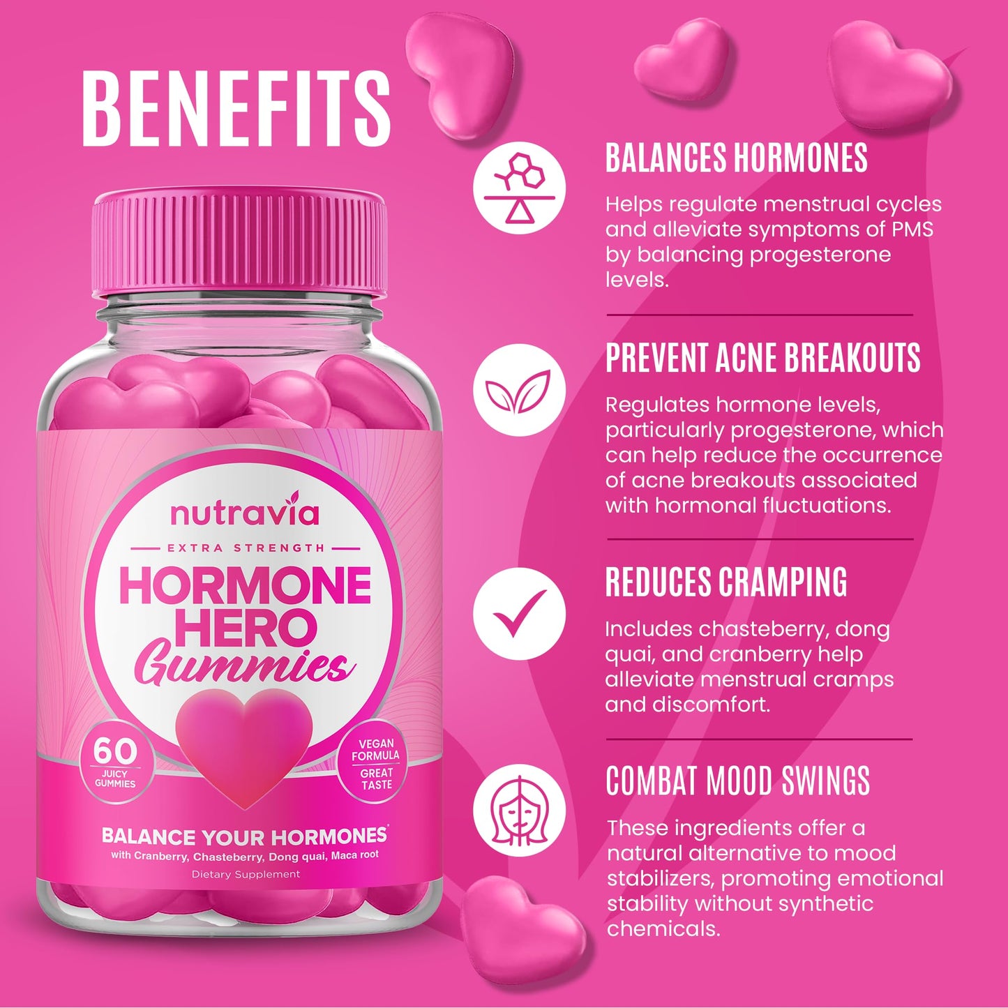 Hormone Balance For Women Gummies + PMS Relief Supplement - Supports Mood Swings, Clear Skin, Reduced Cramps and Bloating - Hormonal PMS Gummies PCOS Vitamin with Cranberry, Dong Quai (60 Gummies) - Maple Wellness Supplements