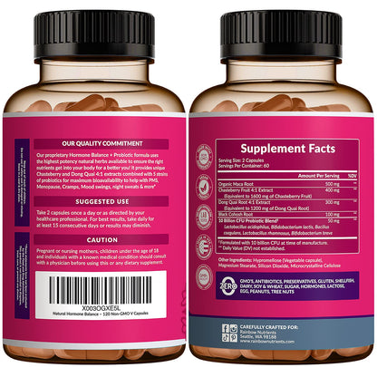 Hormone Balance + Probiotics for Women- Natural Menopause Relief, Weight Management, Bloating, Hot Flashes, PMS | Organic Maca, Chasteberry, Dong Quai & Black Cohosh | Non GMO |120 V Capsules - Maple Wellness Supplements