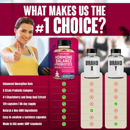 Hormone Balance + Probiotics for Women- Natural Menopause Relief, Weight Management, Bloating, Hot Flashes, PMS | Organic Maca, Chasteberry, Dong Quai & Black Cohosh | Non GMO |120 V Capsules - Maple Wellness Supplements