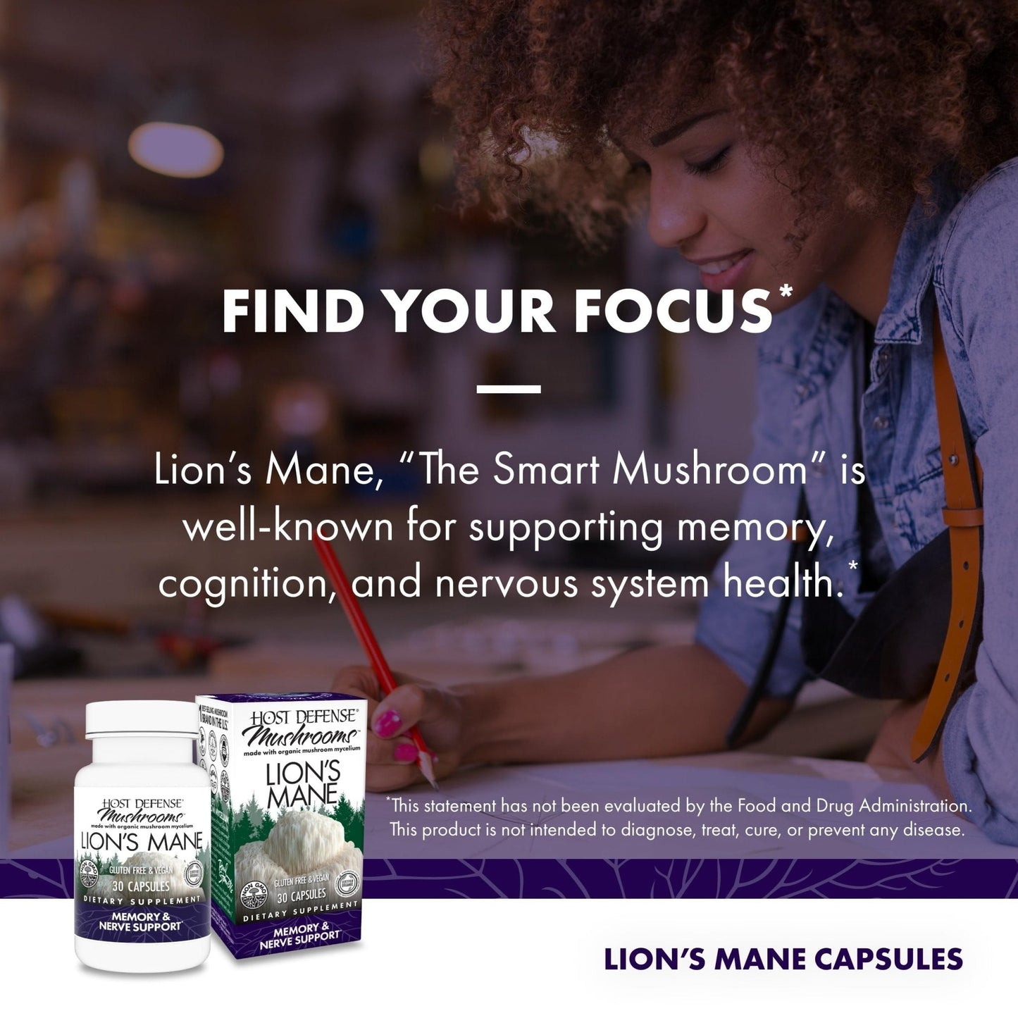 Host Defense Mushrooms Lion's Mane - Brain Health Support Supplement for Focus & Memory Function - Immune & Nervous System Support Supplement- 30 Capsules - Maple Wellness Supplements
