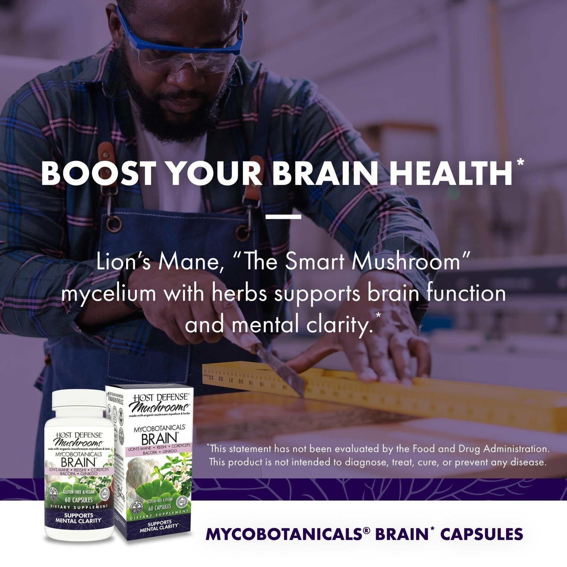 Host Defense MycoBotanicals Brain* Capsules - Brain Support Supplement with Lion's Mane, Reishi & Cordyceps Mushroom - Herbal Supplement for Memory & Focus Support - 60 Capsules - Maple Wellness Supplements