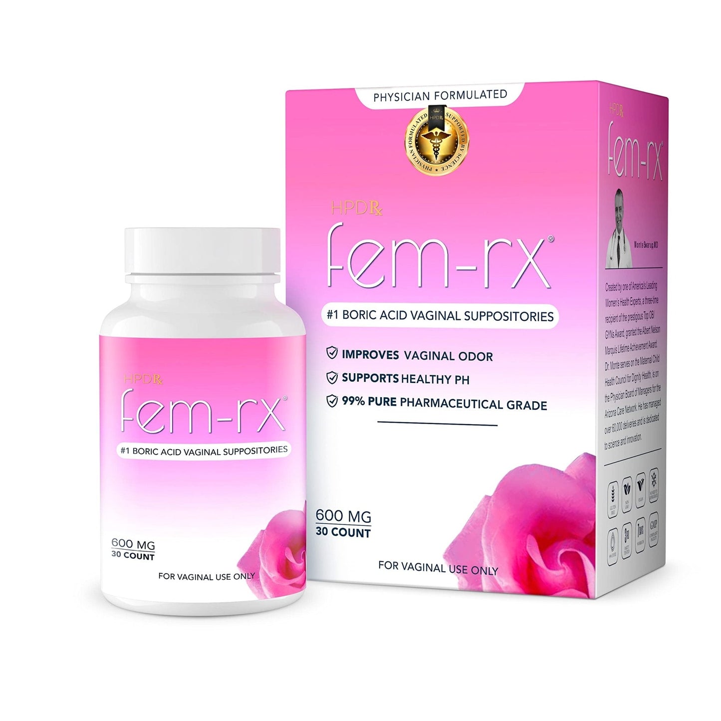 HPD Rx Fem-Rx Boric Acid Vaginal Suppositories for Women – Help Balance Vaginal pH, Eliminate Vaginal Odor – Dr Formulated Feminine Health Support – 30 Capsules Pack of 1 - Maple Wellness Supplements