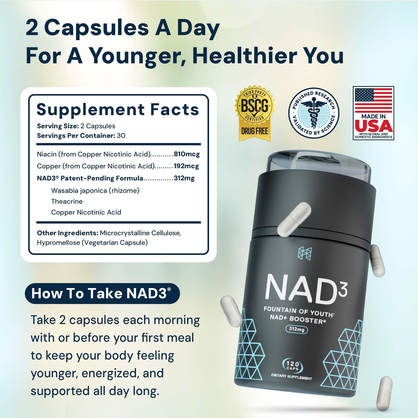HPN NAD3 Clinical NAD+ Booster, Cellular Health & Natural Energy - NAD Supplement for Healthy Aging, Metabolic Support, NRF2 & Longevity, Nicotinamide Riboside & NMN Alternative, 120ct, 60-Day Supply - Maple Wellness Supplements