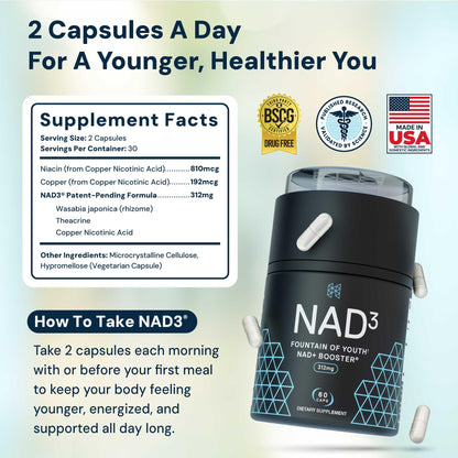 HPN NAD3 Clinical NAD+ Booster, Cellular Health & Natural Energy - NAD Supplement for Healthy Aging, Metabolic Support, NRF2 & Longevity, Nicotinamide Riboside & NMN Alternative, 60ct, 30-Day Supply - Maple Wellness Supplements