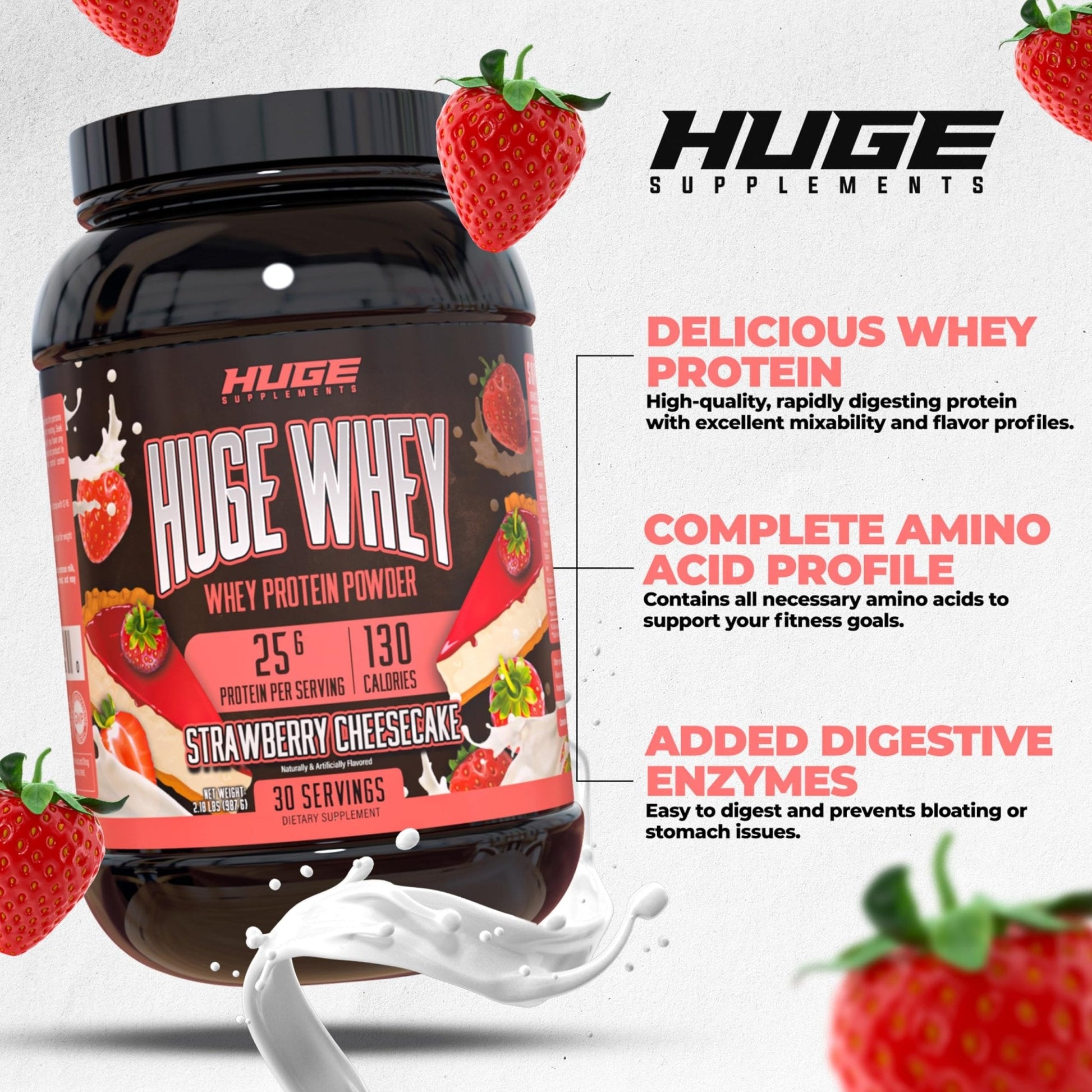 Huge Supplements, Whey Protein Concentrate Powder, Clinically Dosed Formula, 25g - Maple Wellness Supplements