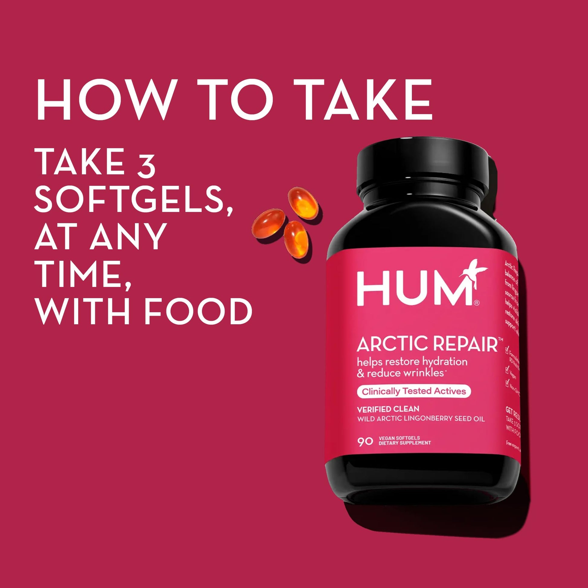 HUM Arctic Repair Clear Skin Supplement with Omega 3, Vitamin E, A, and Lingonberry Seed Oil, Skin Repair with Omega 3 6 9 to Help Support Appearance of Wrinkles & Hydrate, 90 Vegan Softgels - Maple Wellness Supplements